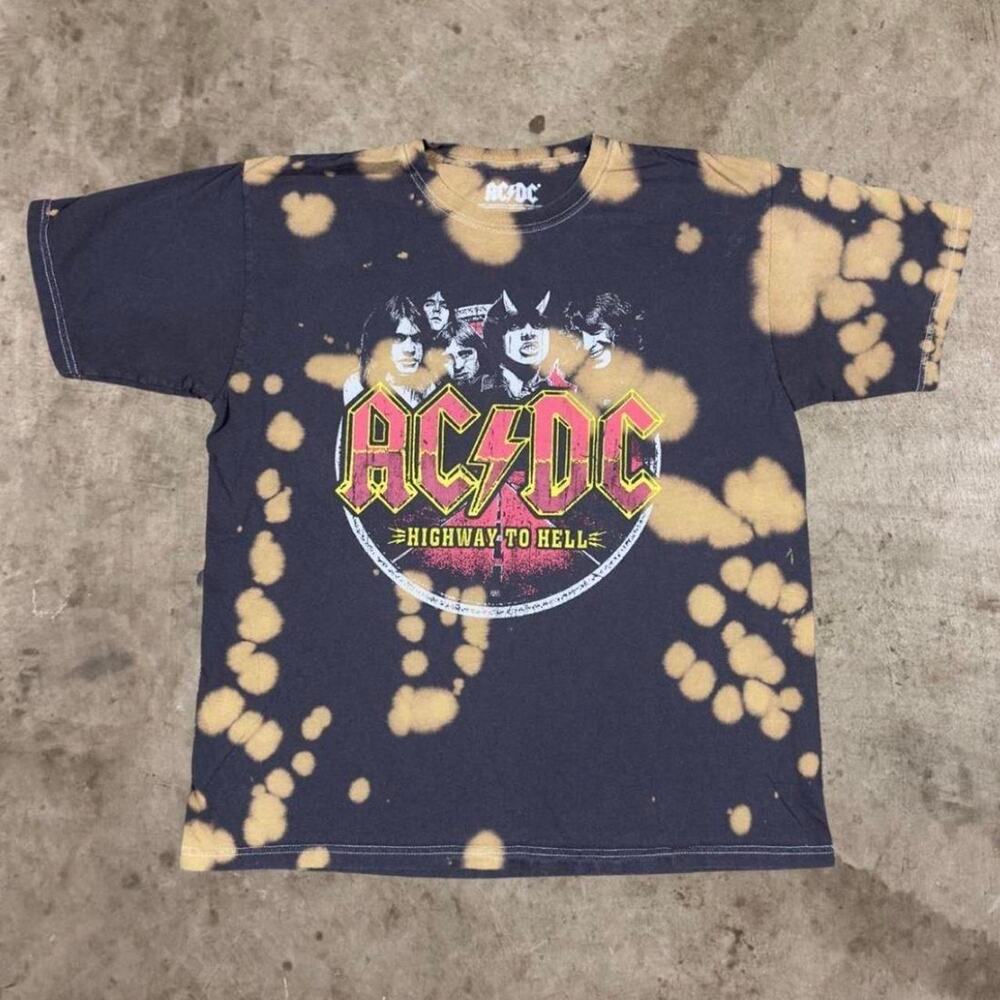 AC/DC Highway To Hell Bleach Tie Dye Tee Rock Band T-Shirt Top Black Mens Size M
